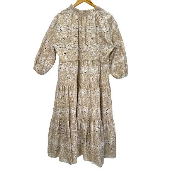 Chico's Eyelet Ruffle Neck Tiered Midi Dress Neutral - Picture 3 of 12